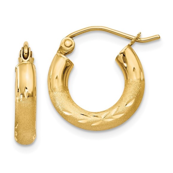 14k Yellow Gold Satin and Diamond-cut 3mm Round Hoop...